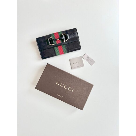 Gucci Handbags - GUCCI 1953 Black Sueded Leather Striped Web Horsebit Continental Flap Wallet